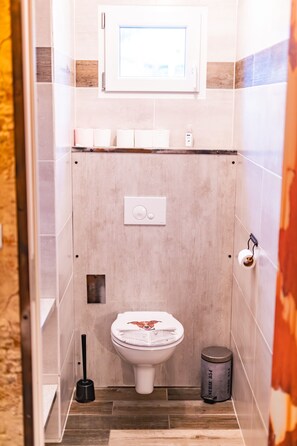 Een kleine badkamer met toilet, handdroger en prullenbak.