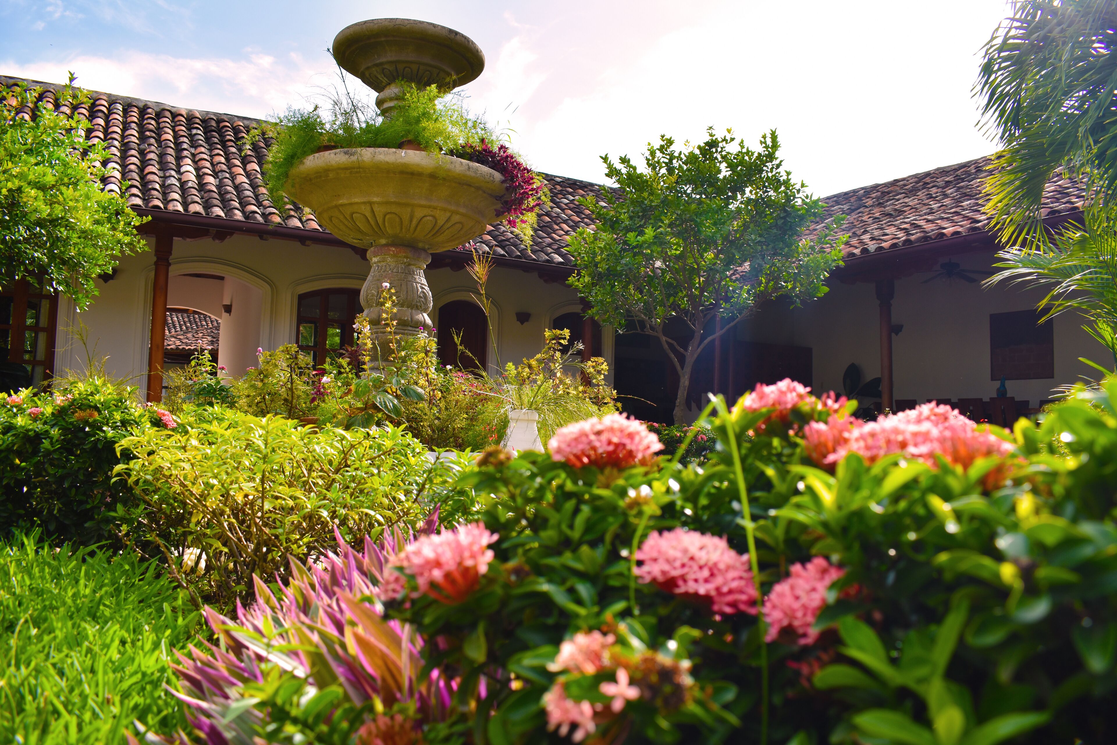 A courtyard with a fountain, lush greenery, and a building with a tiled roof.