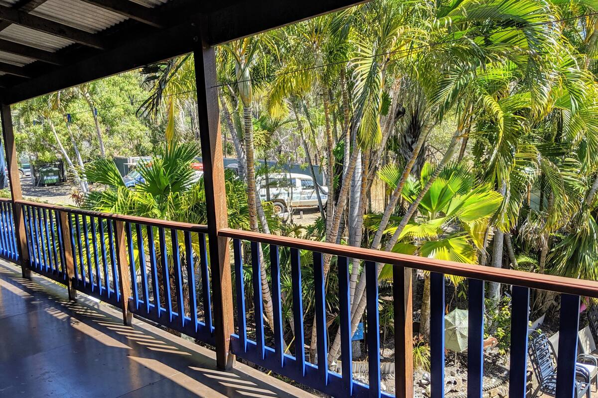 A covered outdoor area with a blue metal railing, palm trees, and a paved walkway.