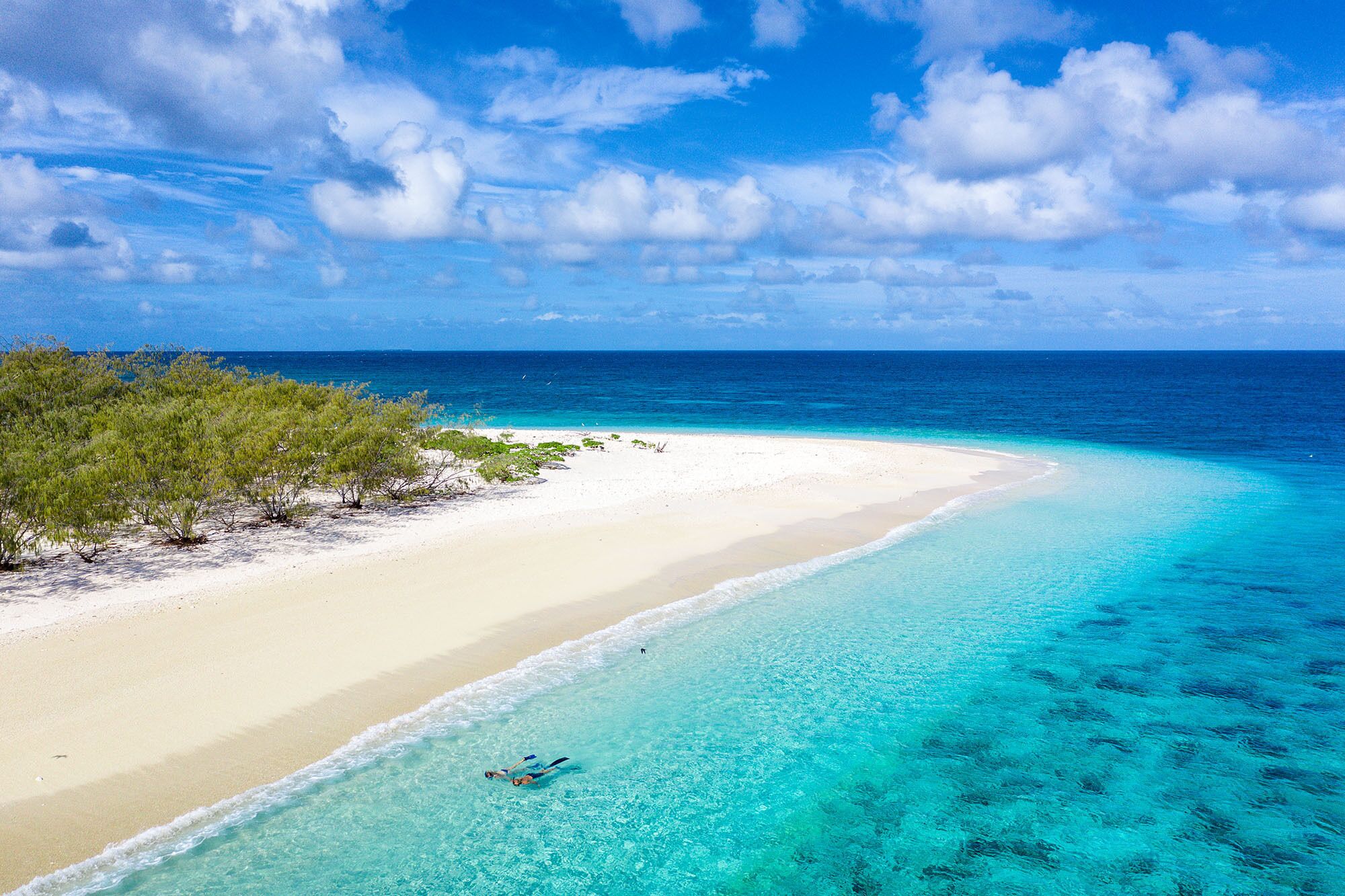 A beach with clear turquoise waters, white sand, and sparse vegetation.