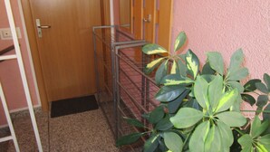 Un corridoio con una porta in legno, una rastrelliera metallica e una pianta in vaso.