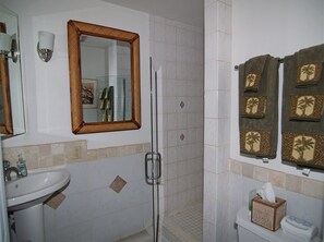 Un baño con lavamanos, espejo, ducha y toallero.