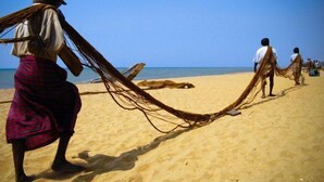 Ein sandiger Strand, auf dem Personen lange Seile tragen.