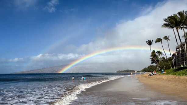 A beach with a visible rainbow, palm trees, and a building in the background. - Oceanfront Condo on magic Sugar Beach - Ocean View (Kihei)