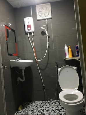 Shower, slippers, towels, shampoo