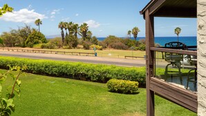 A view from a balcony overlooking a road with palm trees and a clear blue sky. - Maui Beach Front Condo Walking Distance to Beaches and Restaurants, ocean views (Kihei)
