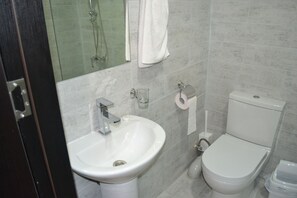 Een haardroger, handdoeken, shampoo, toiletpapier