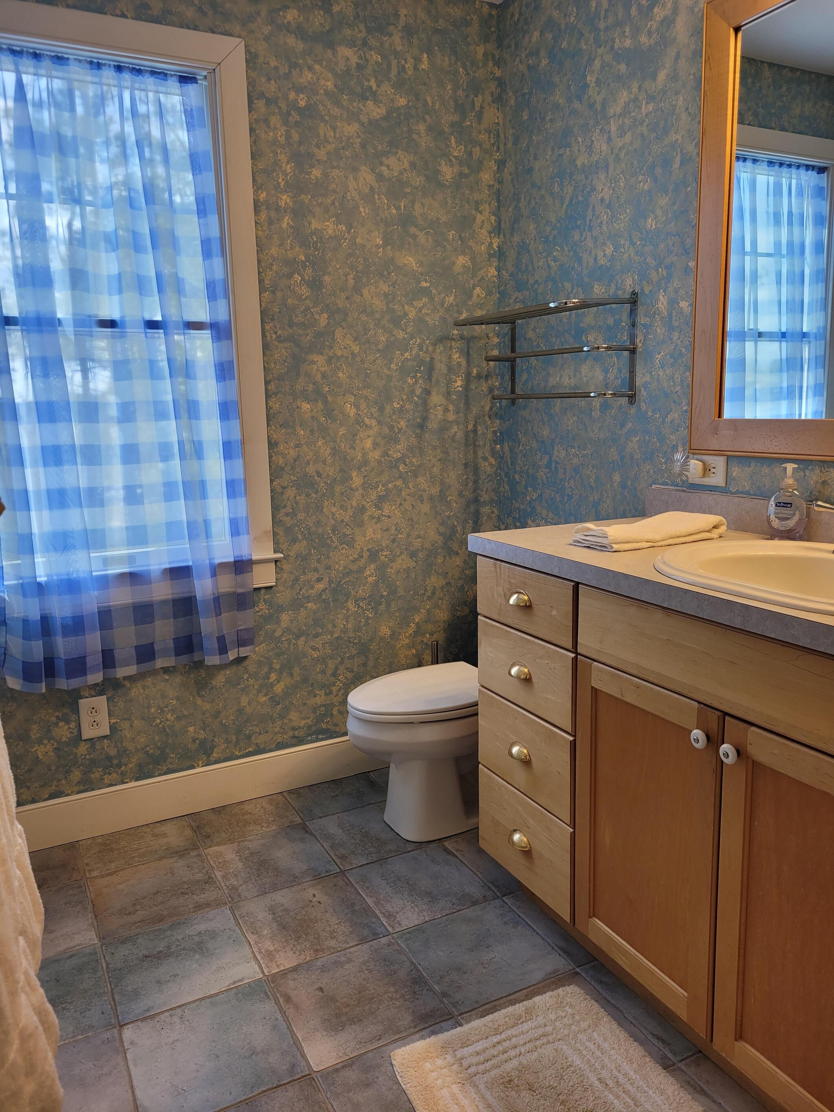 A bathroom with a toilet, a sink with a mirror, and a towel.