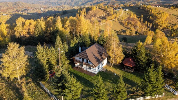 Una casa rodeada de bosque con una cadena montañosa al fondo.