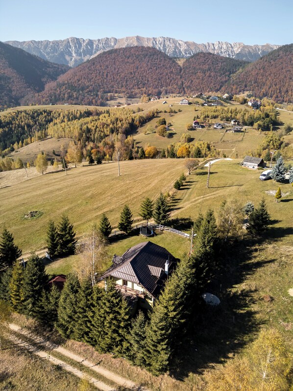 Paisaje rural con una casa rodeada de árboles y campos, con montañas al fondo.