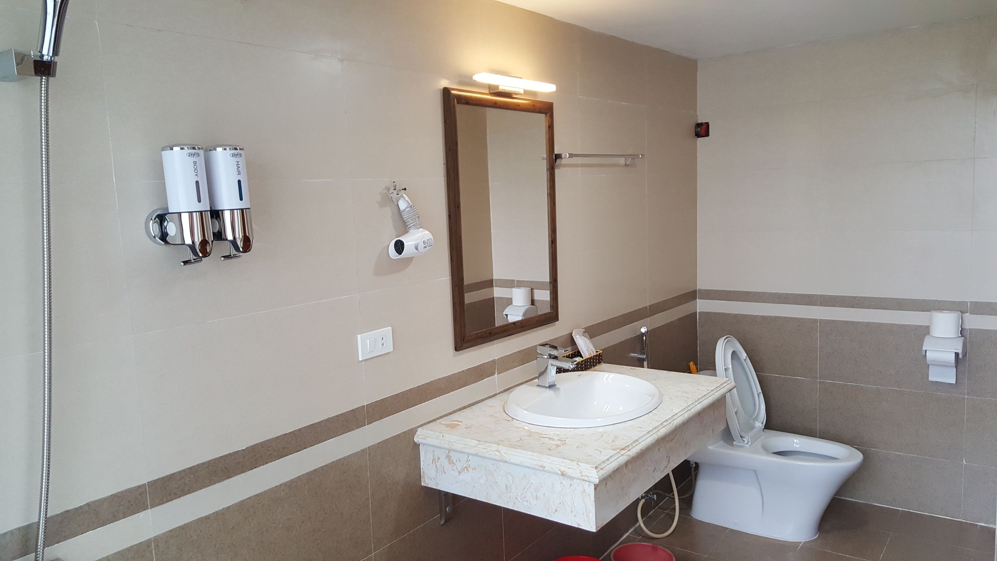 Secador de cabelo, toalhas de banho, shampoo, papel higiênico