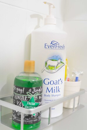 Shower, rainfall showerhead, free toiletries, hair dryer