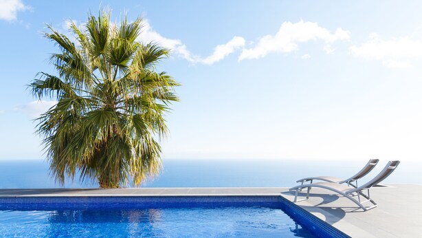 A swimming pool with clear blue water, a palm tree, and lounge chairs on a terrace with a view of the ocean. - Endless Blue House view of the ocean with a huge pool (Arco da Calheta)
