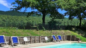 Ein Schwimmbecken mit blauen und weißen Liegestühlen, umgeben von einem Holzzaun und Bäumen.