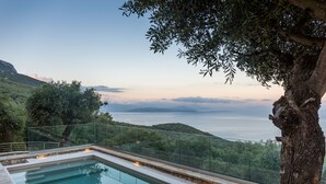 Una piscina rectangular con barandilla de vidrio, rodeada de vegetación y con vista a un cuerpo de agua.