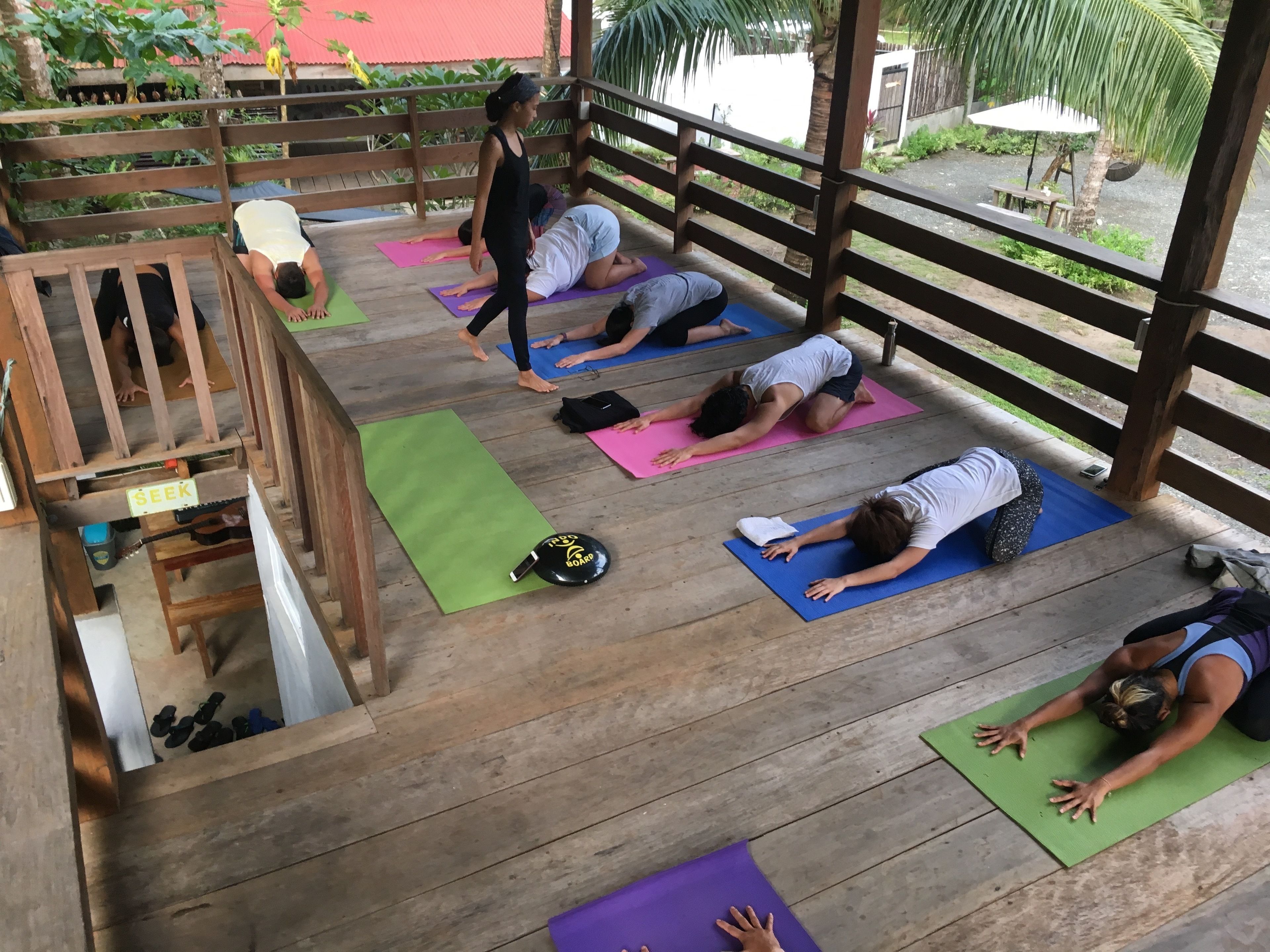 Un groupe de personnes pratiquant le yoga sur des tapis, dans un espace extérieur en bois doté d’une rambarde en bois et agrémenté de verdure en arrière-plan.