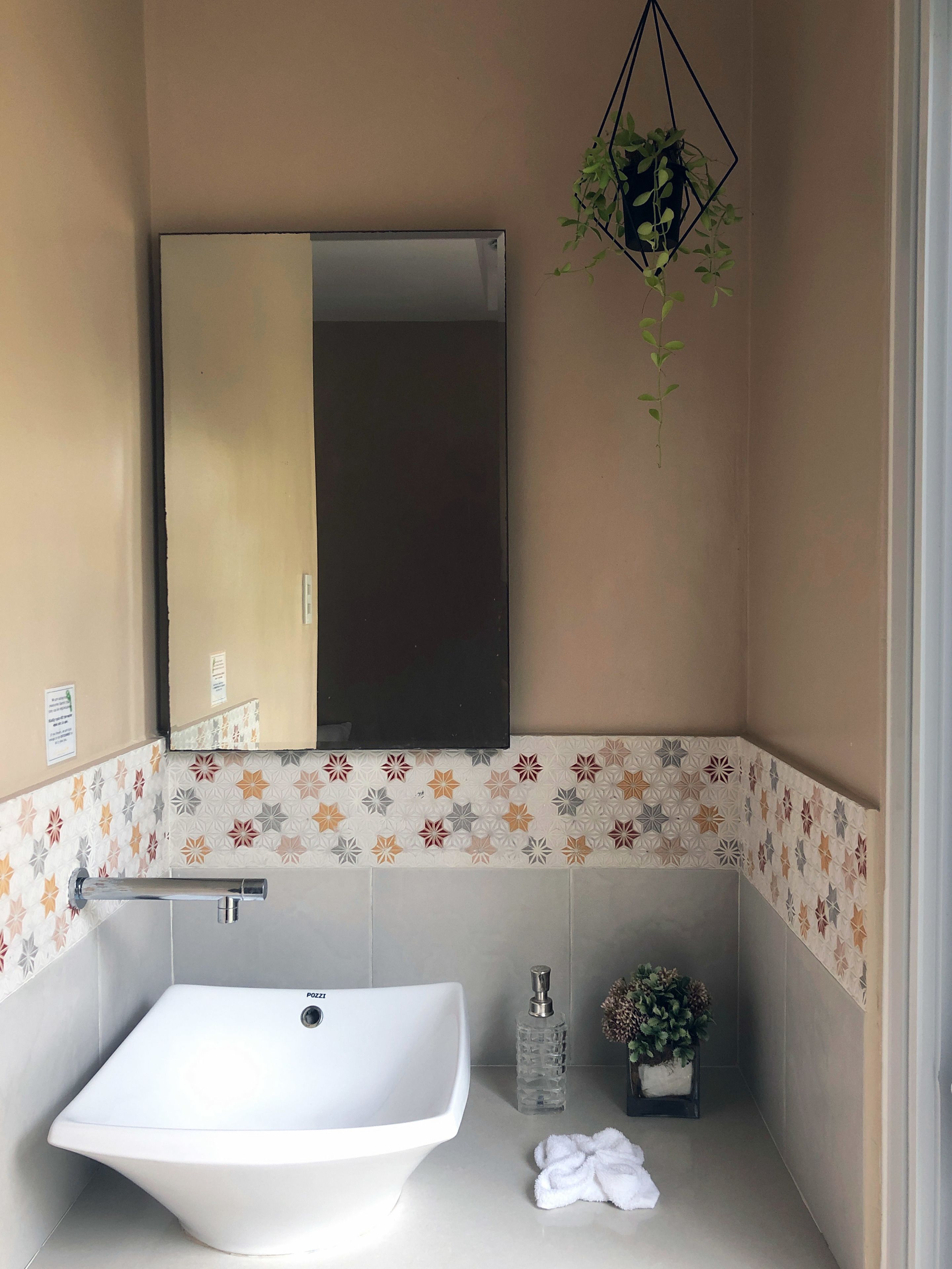 A bathroom with a white sink, a mirror, a decorative tile backsplash, a hanging plant, and a small potted plant on the counter.