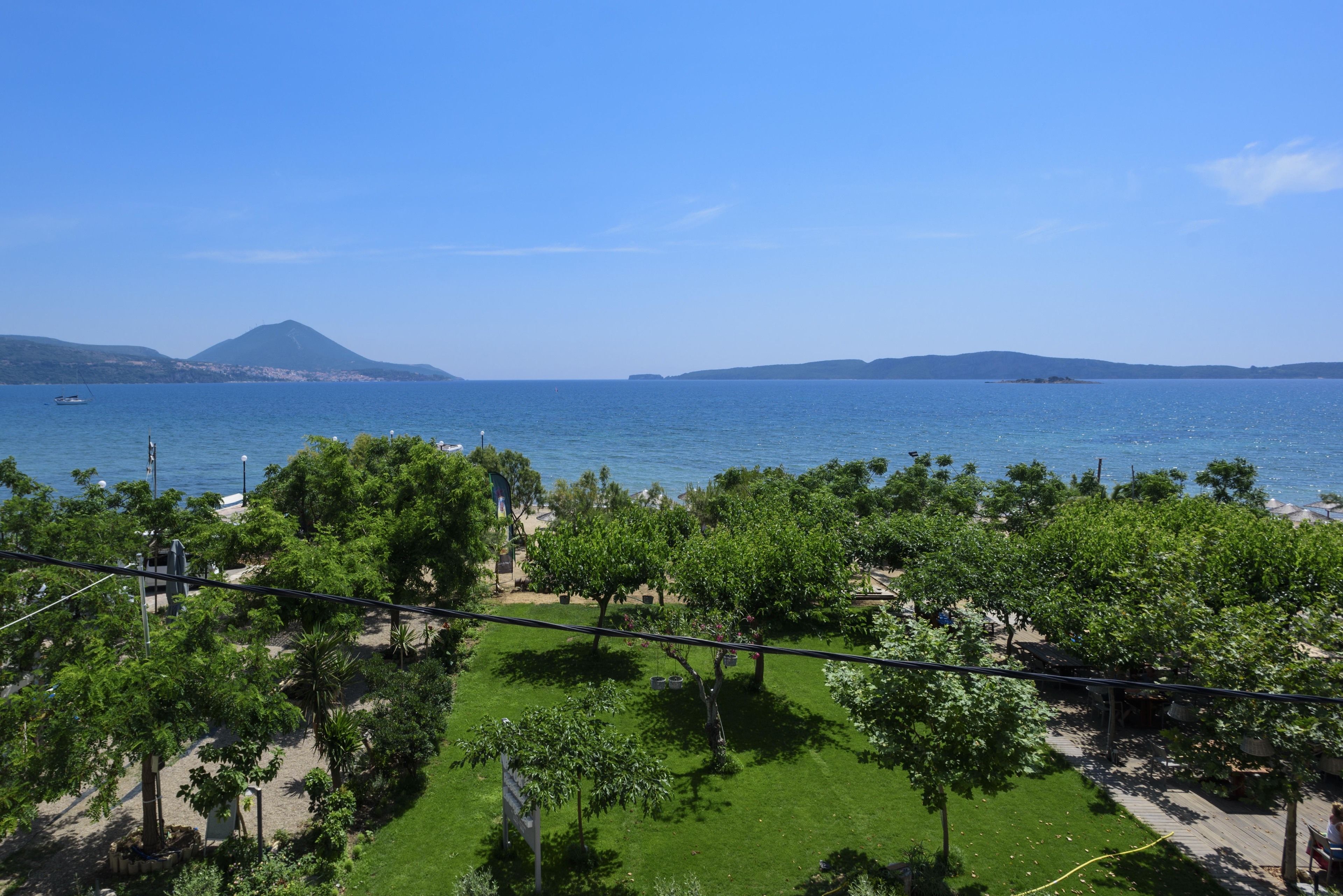 A coastal view with a grassy area, trees, and a clear blue sky.
