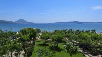 A coastal view with a grassy area, trees, and a clear blue sky.