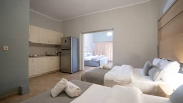 Ein kleines Hotelzimmer mit Küchenzeile, zwei Betten und Blick in den Schlafbereich.