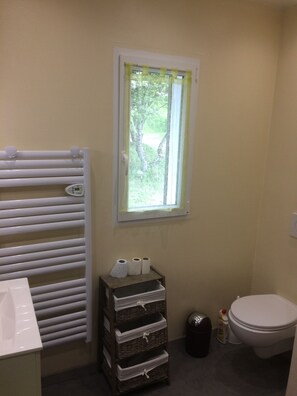 Regadera, secadora de cabello, toallas, papel de baño 