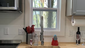 A modern kitchen with a stainless steel sink, wooden countertop, and a window with a view of trees.