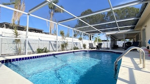 Une piscine dotée d’une enceinte en verre, entourée de palmiers et d’une clôture blanche.