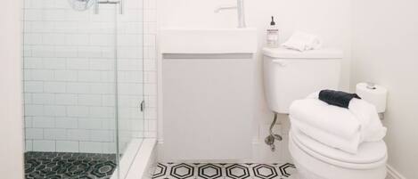 Shower, hair dryer, towels