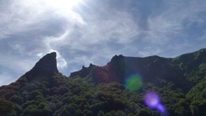 Un paisaje montañoso con un pico destacado y un bosque denso.