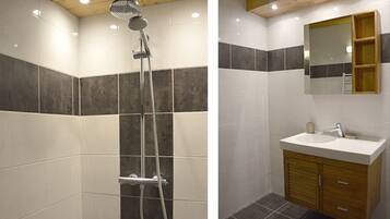 Douche, sĂšche-cheveux, serviettes fournies, savon