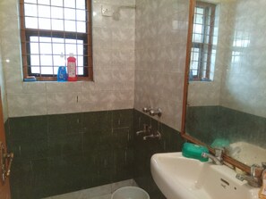 Shower, towels, toilet paper