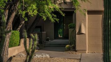 A pathway leading to a building with a cactus garden and a small pond.