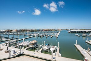 Un port de plaisance avec de nombreux quais et des bateaux, un ciel dégagé et une côte lointaine parsemée de bâtiments.