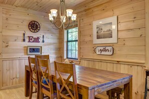 Dining - Pond-front cabin with private hot tub, fireplaces, furnished deck, & game room (Copperhill)