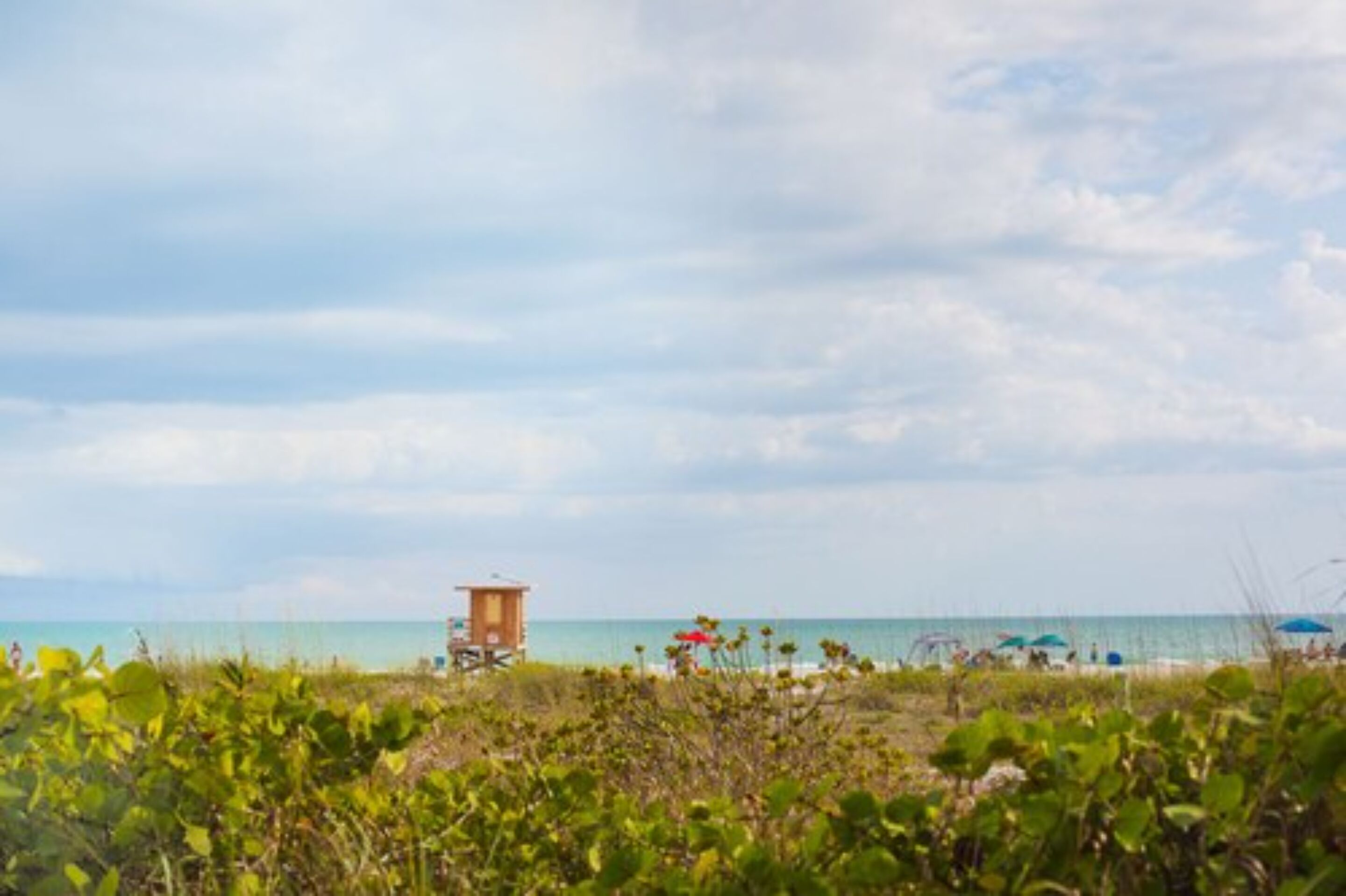 Une vue sur la plage avec une tour de surveillance, des parasols et de la végétation.