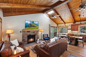 TV, fireplace, video games, DVD player - Echo Inn the Canyon: Close to Bear Mountain Ski Resort and Golf Course! Hot Tub! Amazing Slope Views of Bear Mountain! Game room! Modern Mountain Decor! (Big Bear Lake)