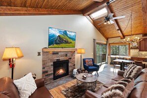 TV, fireplace, video games, DVD player - Echo Inn the Canyon: Close to Bear Mountain Ski Resort and Golf Course! Hot Tub! Amazing Slope Views of Bear Mountain! Game room! Modern Mountain Decor! (Big Bear Lake)