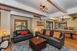 Televisie, een open haard, videospelletjes en een dvd-speler