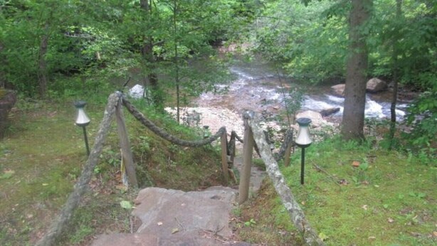 Un sentier de pierres menant à un pont enjambant un ruisseau, le tout entouré de verdure.