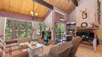 TV, fireplace, DVD player, foosball