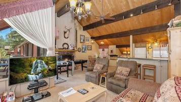 TV, fireplace, DVD player, foosball