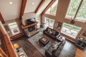 Smart TV, fireplace, foosball