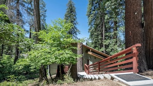 A wooden staircase leading to a building surrounded by tall trees. - Cub's cabin Family house inside the gates of Yosemite Park!!! (Yosemite National Park)