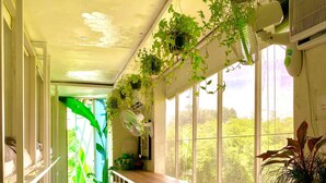 A corridor with a wooden bench, white railings, and hanging plants. - The Hide Hostel at Canggu - Adults Only (Canggu)