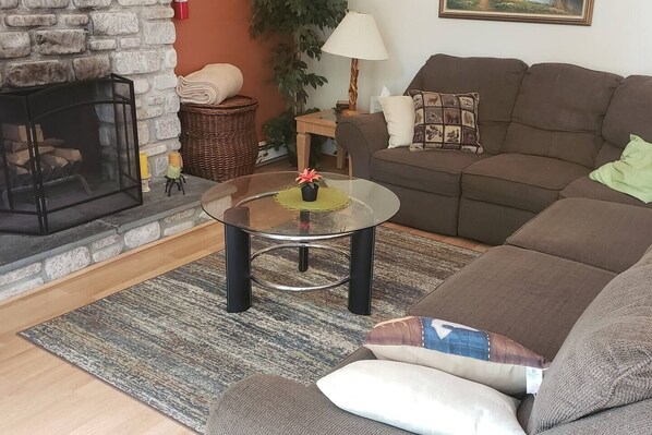 Smart TV, fireplace, video games, DVD player