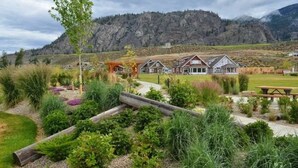Zona residencial amb cases, un jardí i un paisatge de muntanyes al fons.