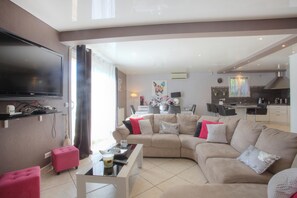 Smart TV, fireplace, video games, DVD player