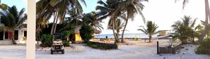 On the beach, sun loungers, beach towels