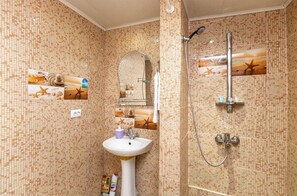 Shower, hair dryer, towels, toilet paper