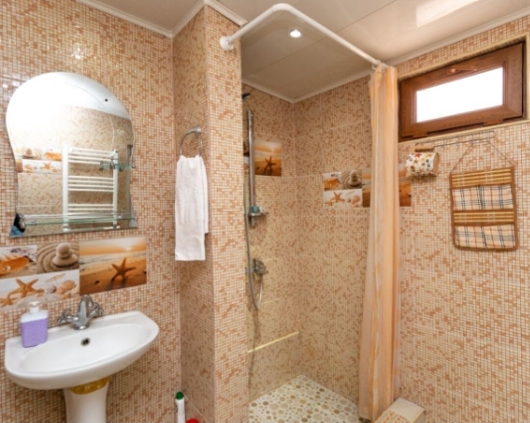 Shower, hair dryer, towels, toilet paper